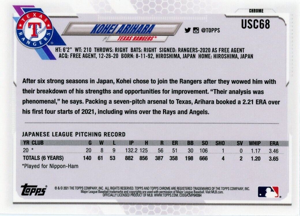 Baseball card featuring Kohei Arihara Rookie stats from Topps Chrome Update MLB #68