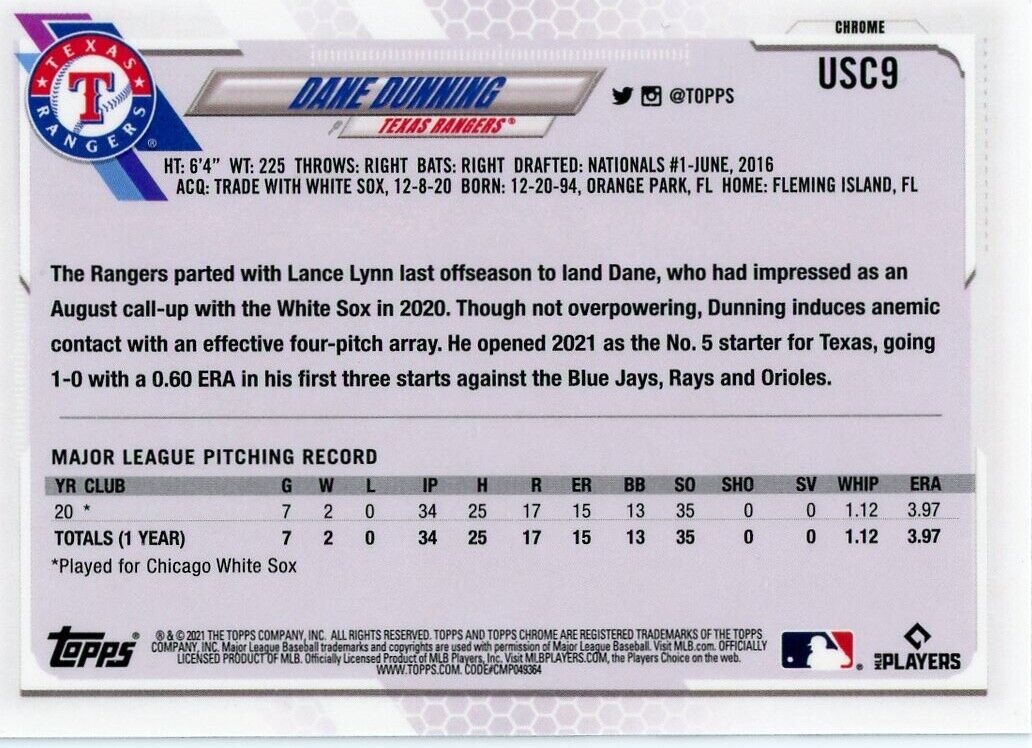 Dane Dunning Rookie Topps Chrome card showcasing statistics for Texas Rangers pitcher