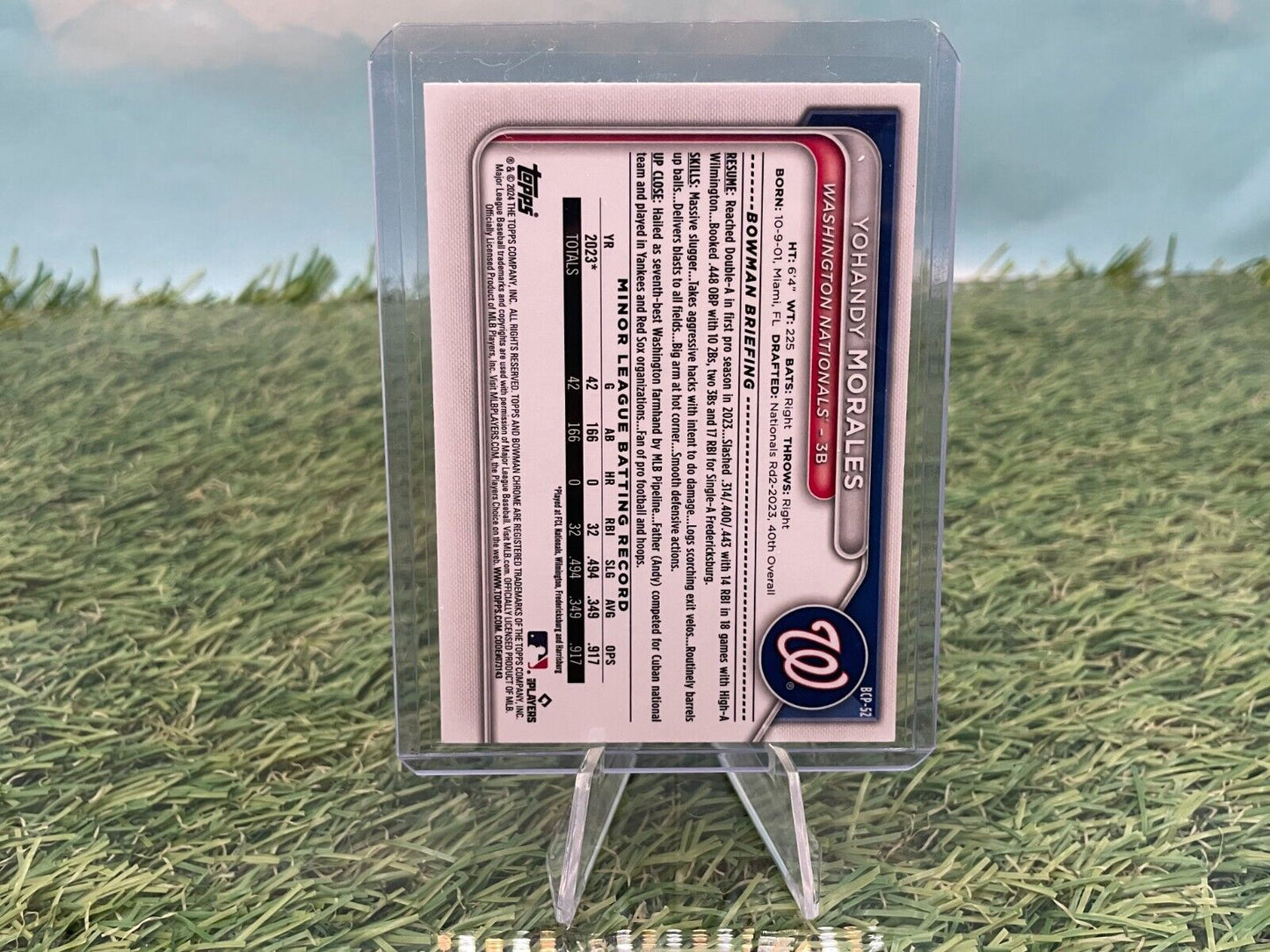 Yohandy Morales 2024 Bowman Chrome trading card in a protective case on display