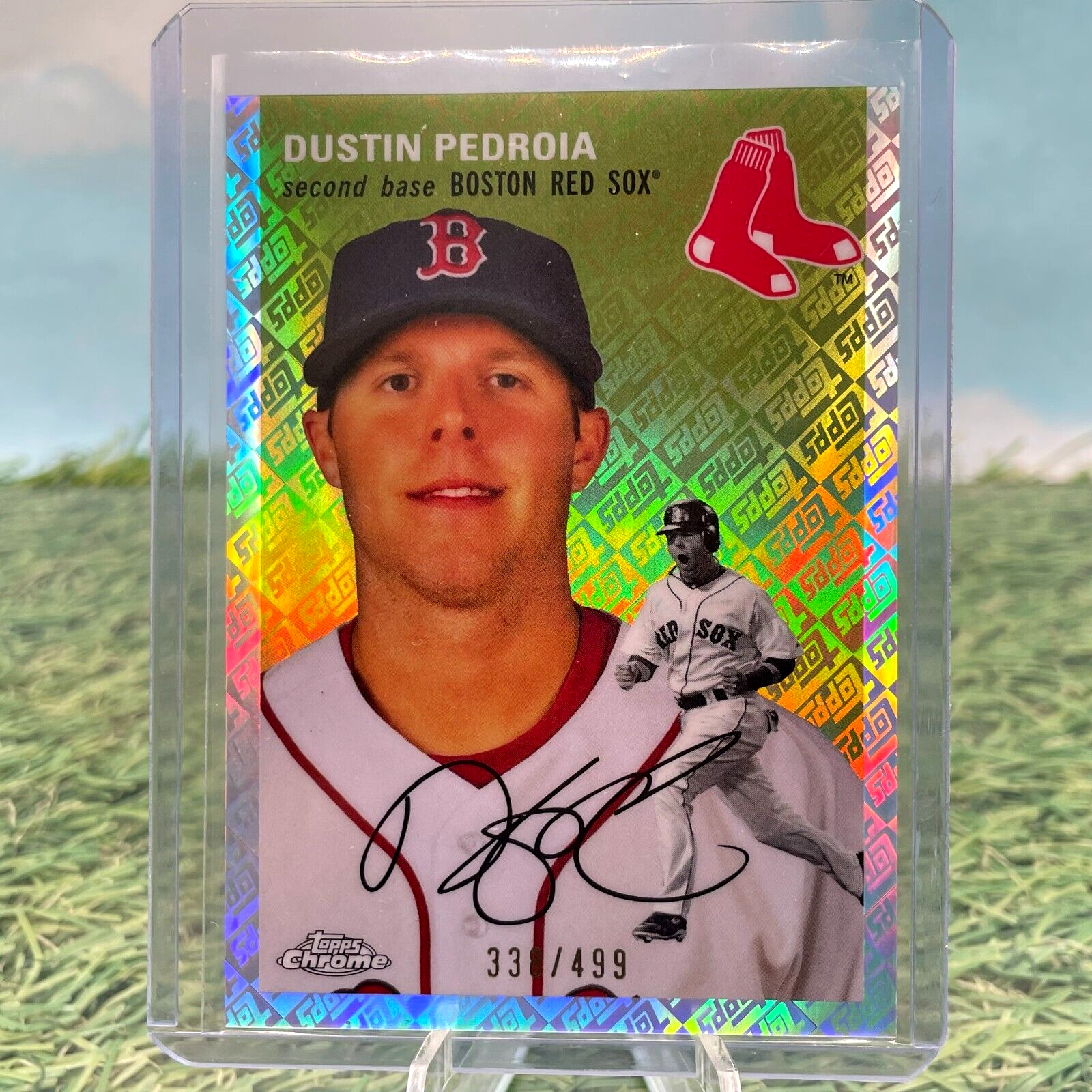 Holographic Topps Chrome Dustin Pedroia baseball card 331/499 for Red Sox fans