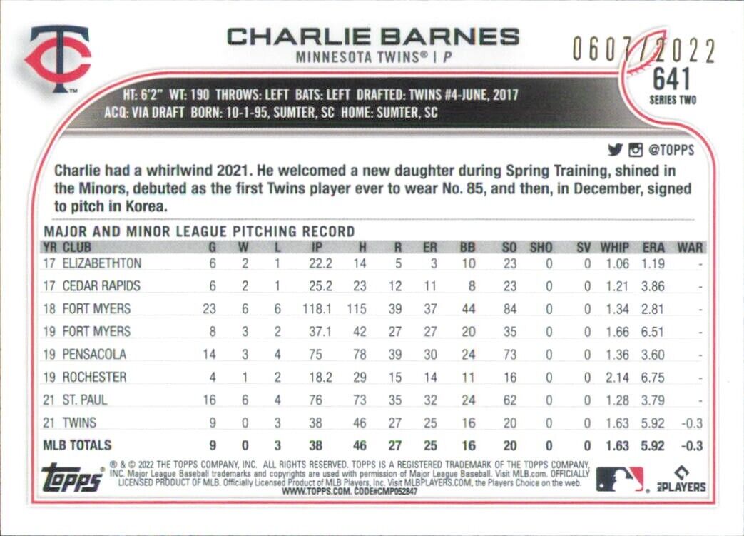 Baseball card featuring Charlie Barnes Gold stats from 2022 Topps Series for Minnesota Twins