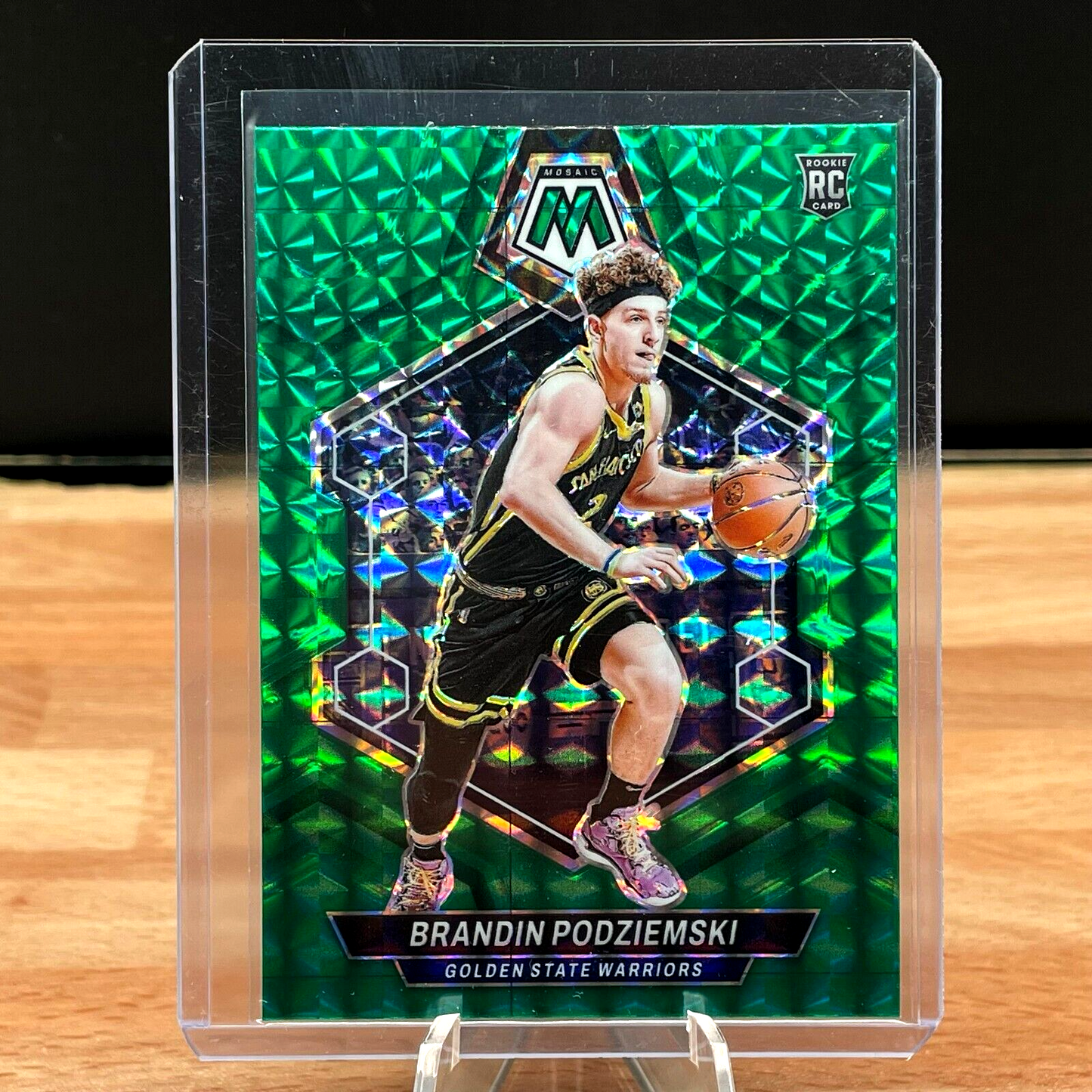 Green Panini Mosaic Rookie card featuring Golden State Warriors player in black uniform