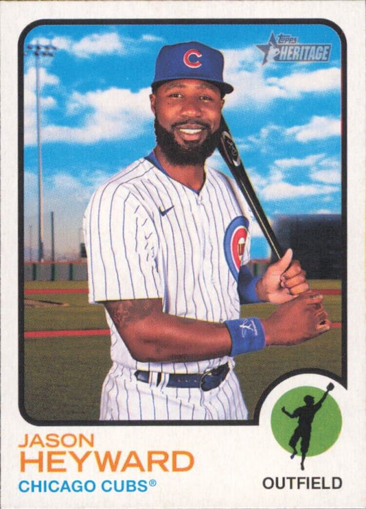 Baseball card of Jason Heyward in Chicago Cubs pinstriped uniform from Topps Heritage