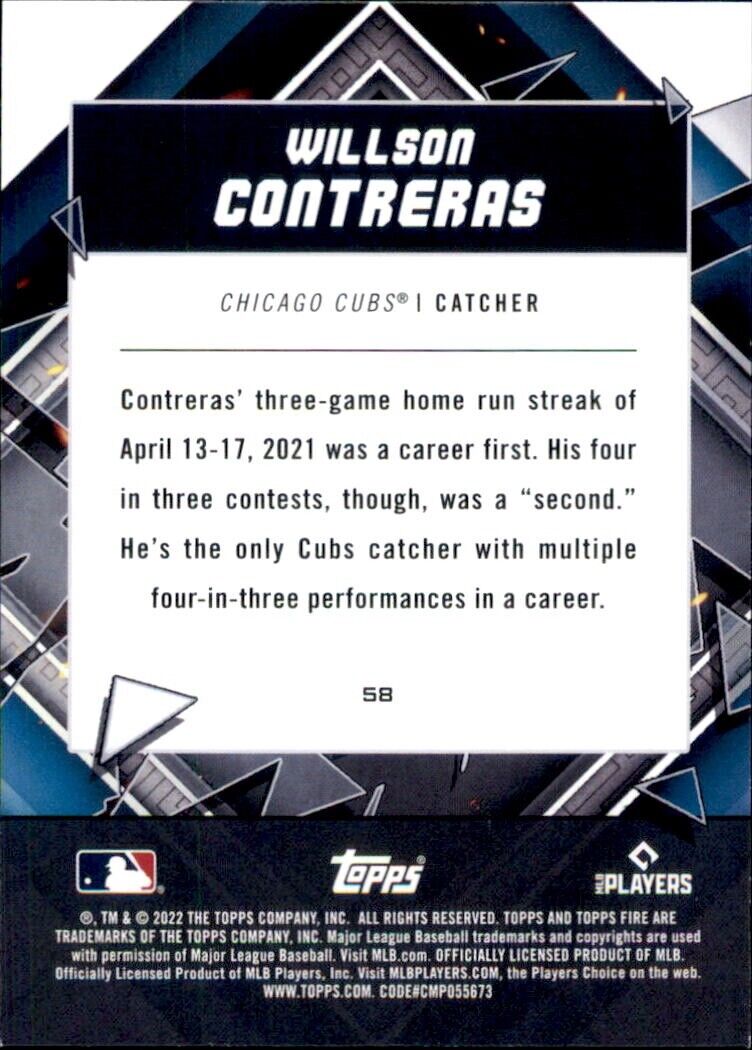 Baseball card of Willson Contreras Chicago Cubs with home run streak statistics