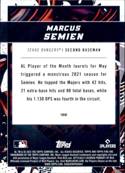 Baseball card of Marcus Semien showcasing Texas Rangers MLB 2021 season stats