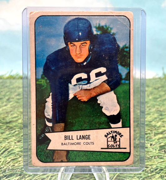 Vintage 1954 Bowman Bill Lange trading card in protective case featuring Baltimore Colts