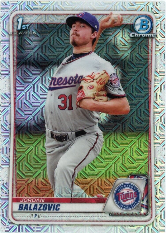 Baseball card of Prospects Jordan Balazovic pitching for Minnesota Twins in jersey 31