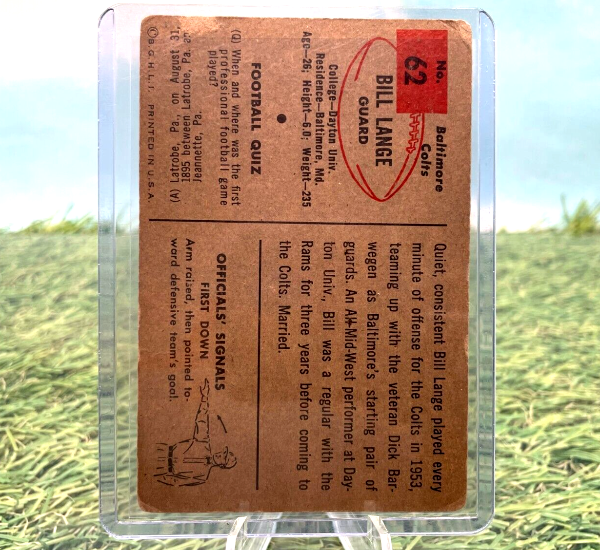 Vintage brown paper ticket with red markings for 1954 Bowman Baltimore Colts trading card