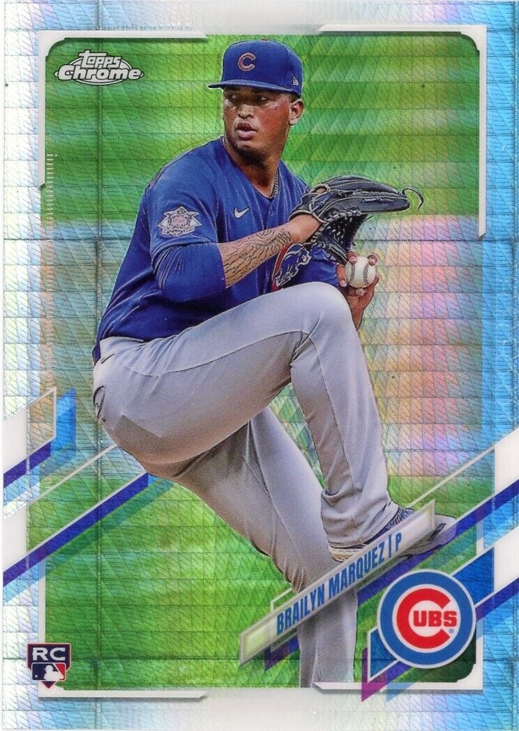 Baseball card of Brailyn Marquez in blue Chicago Cubs uniform from Topps Chrome series