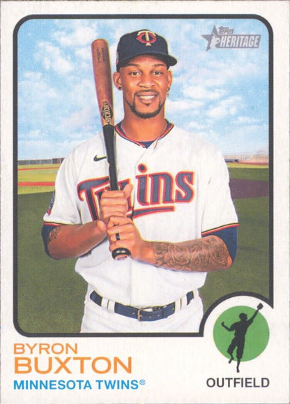 Baseball card of Byron Buxton Minnesota Twins in home uniform from Topps Heritage