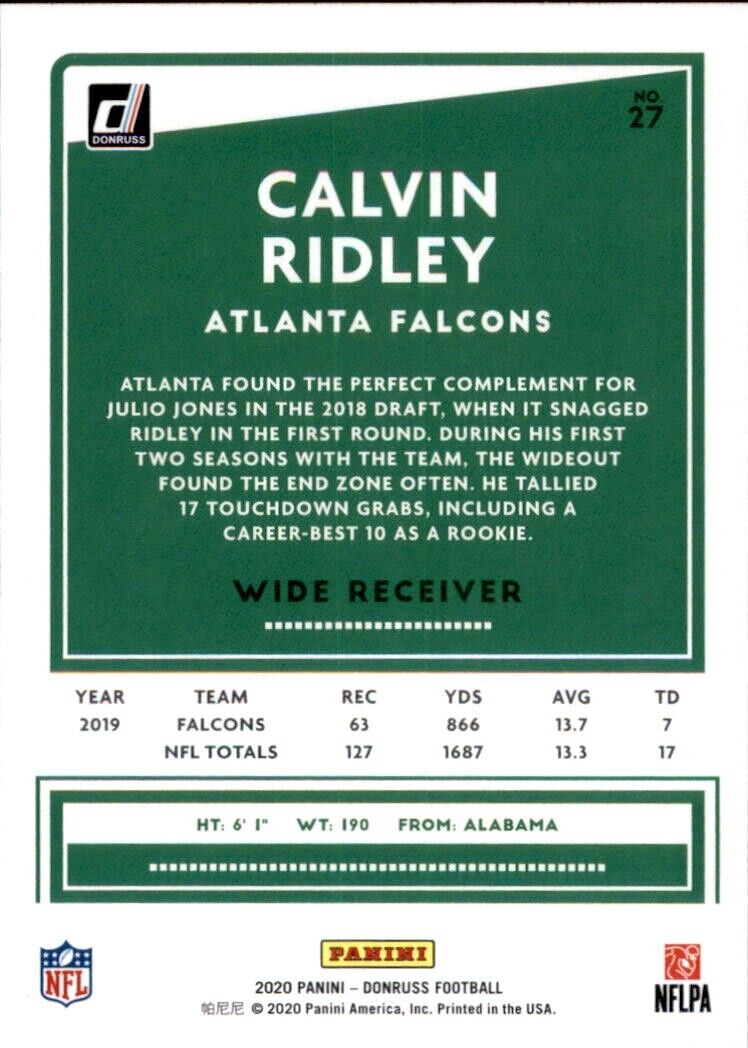 Football trading card of Calvin Ridley Blue from 2020 Panini Donruss Atlanta Falcons