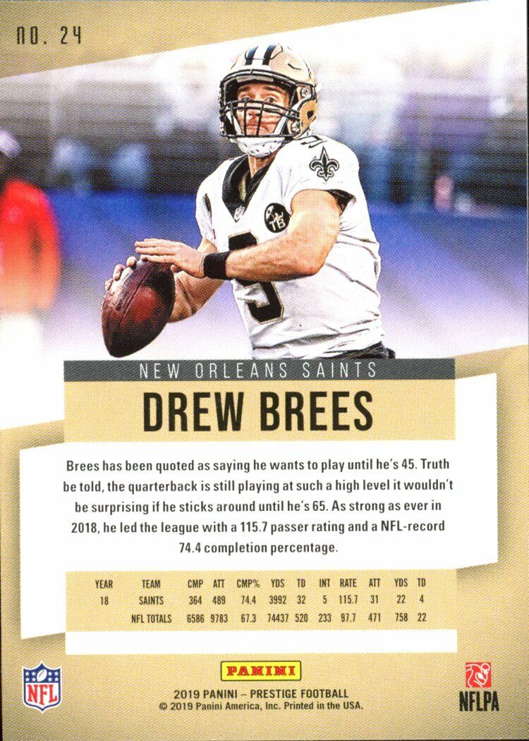 Football trading card of Drew Brees in white uniform from Panini Prestige Green series