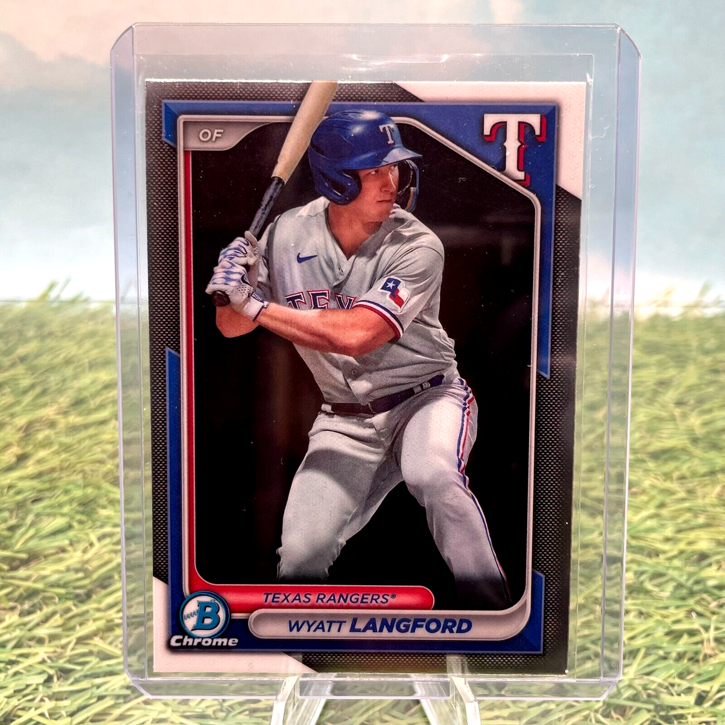 Baseball card of Wyatt Langford in Texas Rangers gray uniform from Bowman Chrome collection