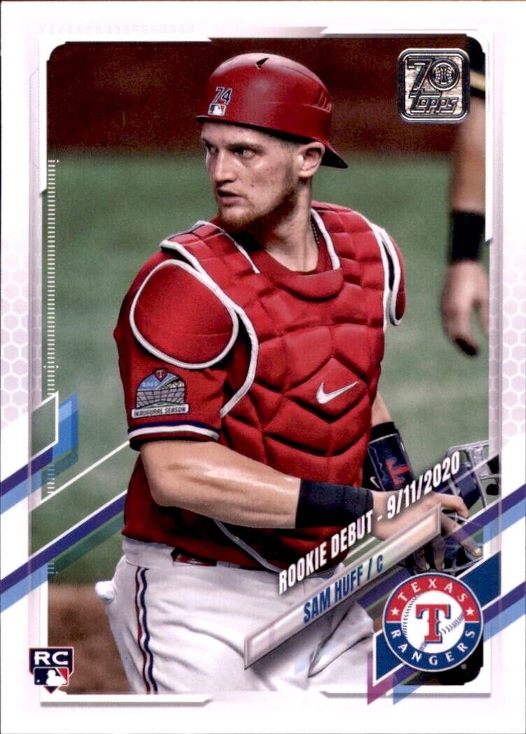 Baseball catcher in red Texas Rangers uniform showcasing Sam Huff Rookie card