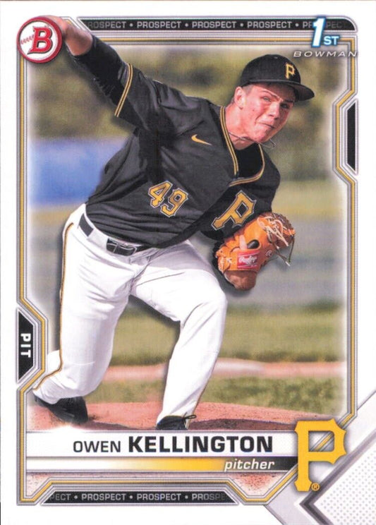 Baseball card of Owen Kellington in a black uniform, showcasing Bowman Draft talent