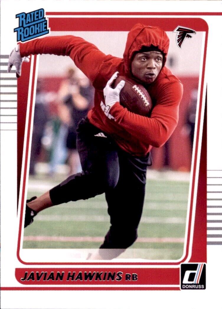 Football player in red jersey and black pants showcasing Donruss Javian Hawkins Rookie