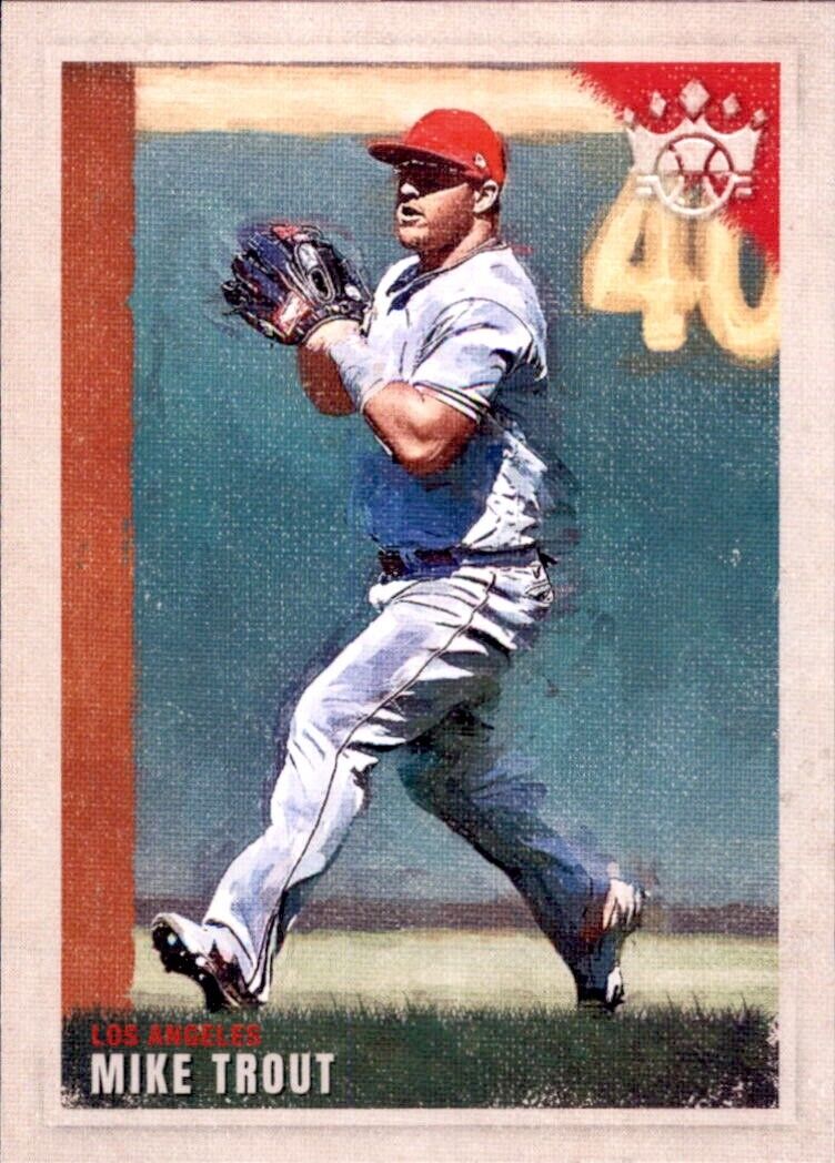 Baseball player in white uniform and red cap fielding a ball from Panini Diamond Kings