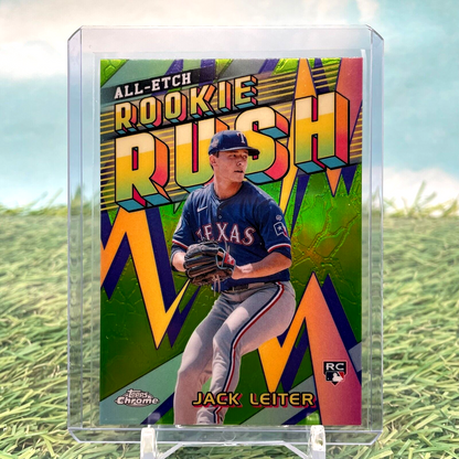 Baseball card featuring a Texas Rangers player in a ’Rookie Rush’ design with green and orange geometric patterns.