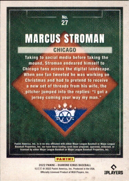 Back of 2022 Panini Diamond Kings Marcus Stroman card highlighting social media interaction