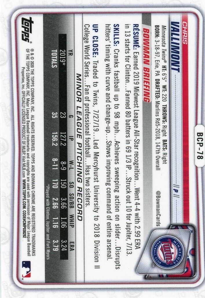 Back of the 2020 Bowman Chrome Chris Vallimont baseball card with player statistics