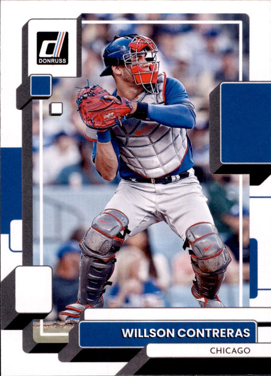 Baseball catcher in gear representing Donruss Willson Contreras Chicago Cubs uniform