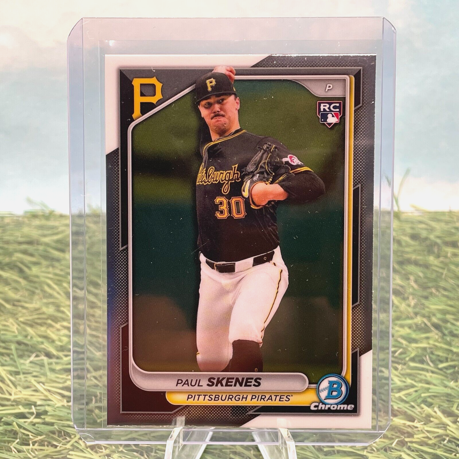 Baseball card of Pittsburgh Pirates pitcher Paul Skenes in Bowman Chrome design