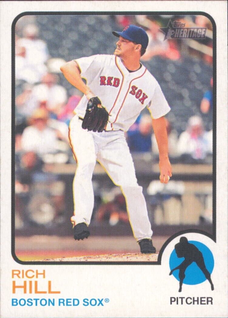 Baseball card of Rich Hill Boston Red Sox in a white home uniform mid-throwing