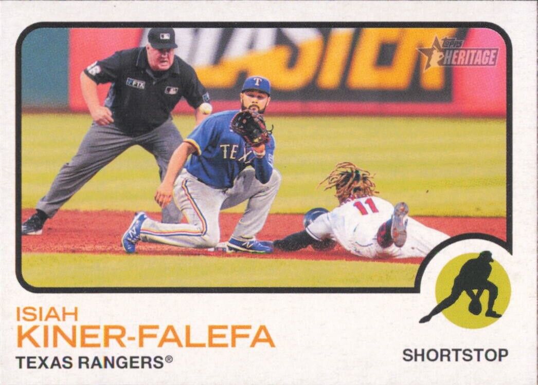 Baseball card of sliding play at second base in 2022 Topps Heritage Isiah Kiner-Falefa