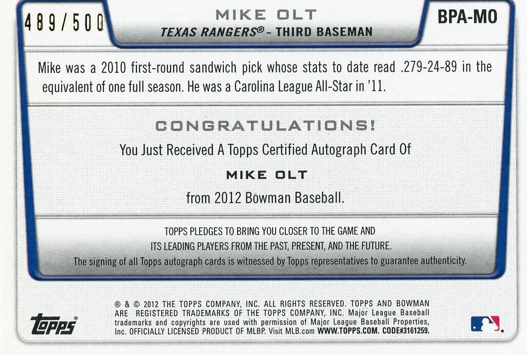 Certified 2012 Bowman Mike Olt Autograph Blue /500 Texas Rangers MLB Baseball card