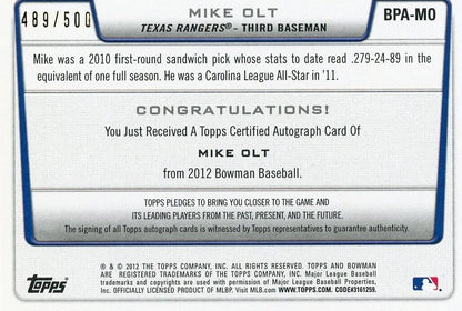 Certified 2012 Bowman Mike Olt Autograph Blue /500 Texas Rangers MLB Baseball card