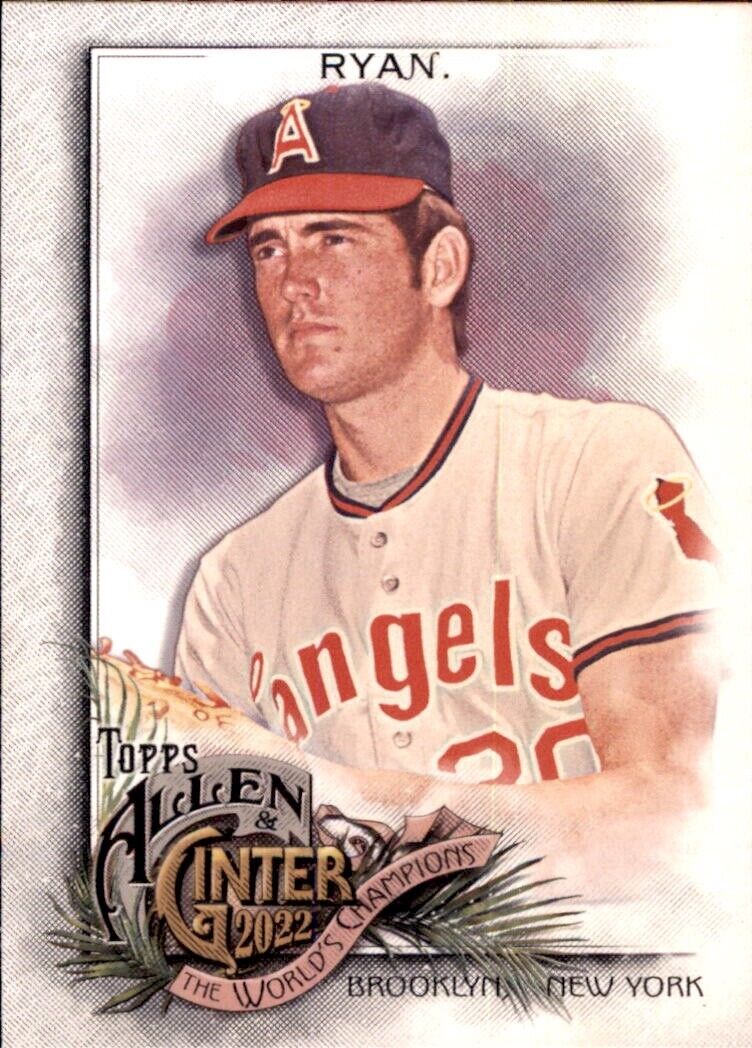 Vintage baseball card of Nolan Ryan California Angels in white uniform with red lettering