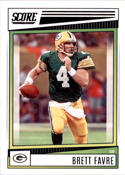 Green Bay Packers trading card of Brett Favre in green and gold #101 Panini Score