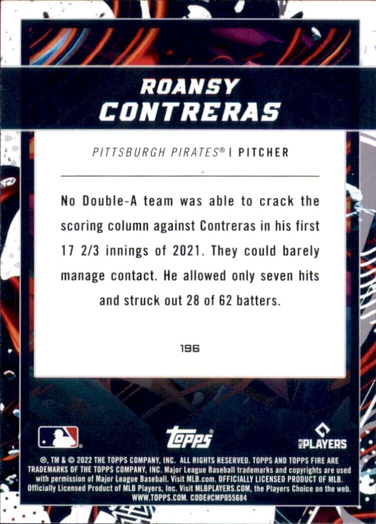 2022 Topps Fire Roansy Contreras Rookie card showcasing Pittsburgh Pirates pitcher stats