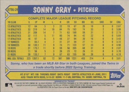 Baseball card of Sonny Gray featuring MLB pitching stats with Minnesota Twins