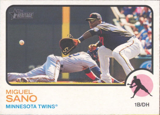 Baseball card of Heritage Miguel Sano making a play at first base for Minnesota Twins