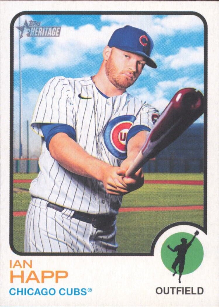 Baseball card of Topps Heritage Ian Happ in Chicago Cubs pinstriped uniform with bat