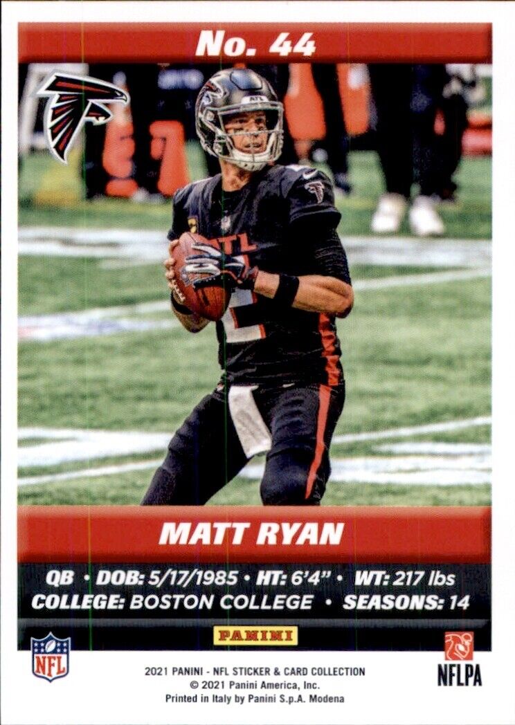 Football trading card of Matt Ryan in black uniform, a Panini NFL sticker collectible