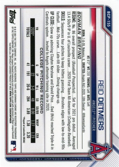 Baseball card featuring statistics for Reid Detmers, 2021 Bowman Chrome Prospects