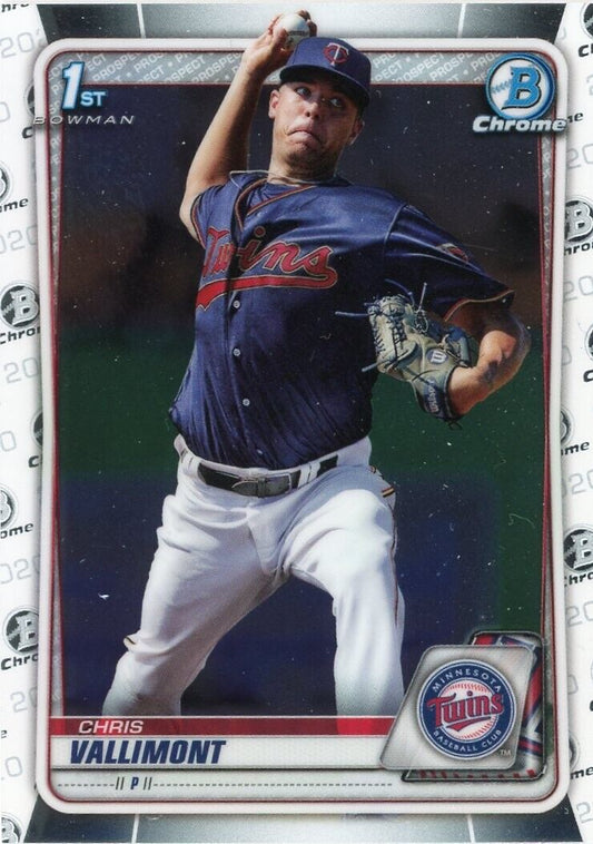 Baseball card of Chris Vallimont mid-throw in Minnesota Twins navy uniform, Bowman Chrome