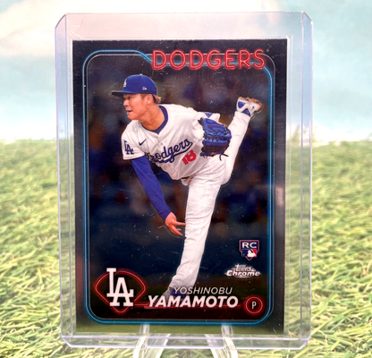 Yoshinobu Yamamoto Topps Chrome trading card of Dodgers pitcher in delivery pose