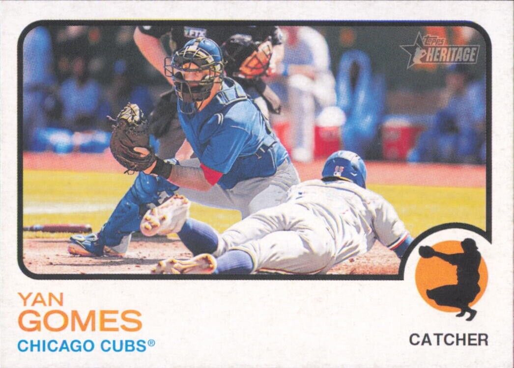 Baseball trading card of Yan Gomes Chicago Cubs tagging runner at home plate, Topps Heritage Yan