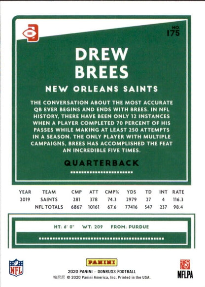 Green football trading card of Donruss Drew Brees with New Orleans Saints stats