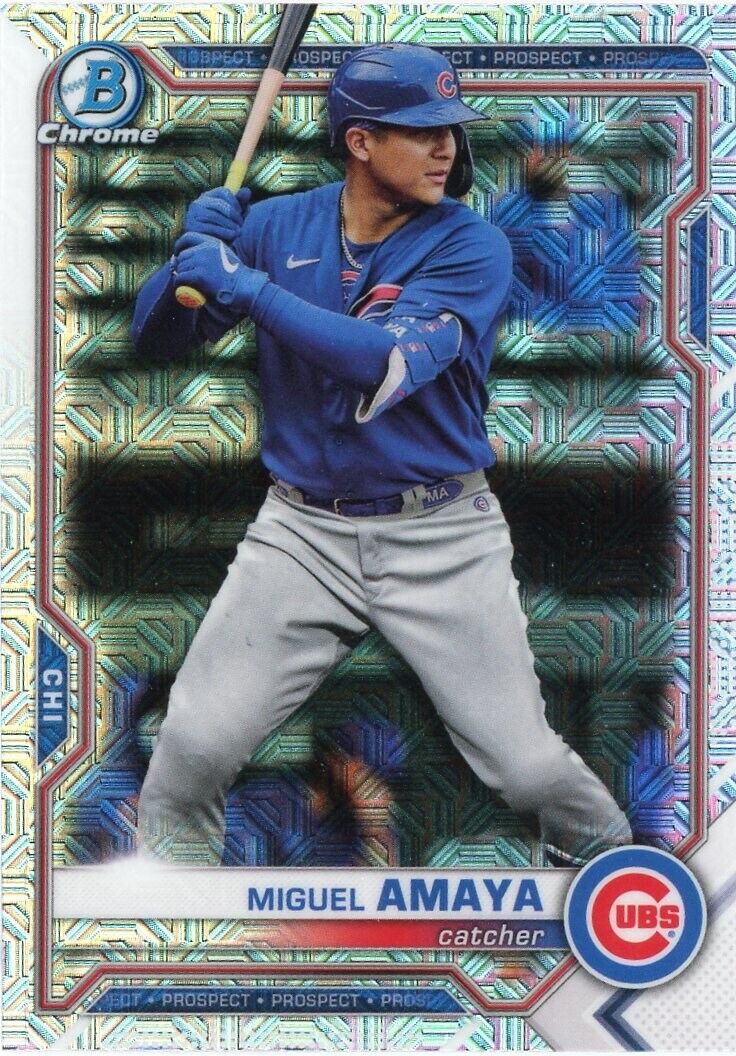 Baseball card of Miguel Amaya in a Chicago Cubs jersey from Bowman Chrome Prospects