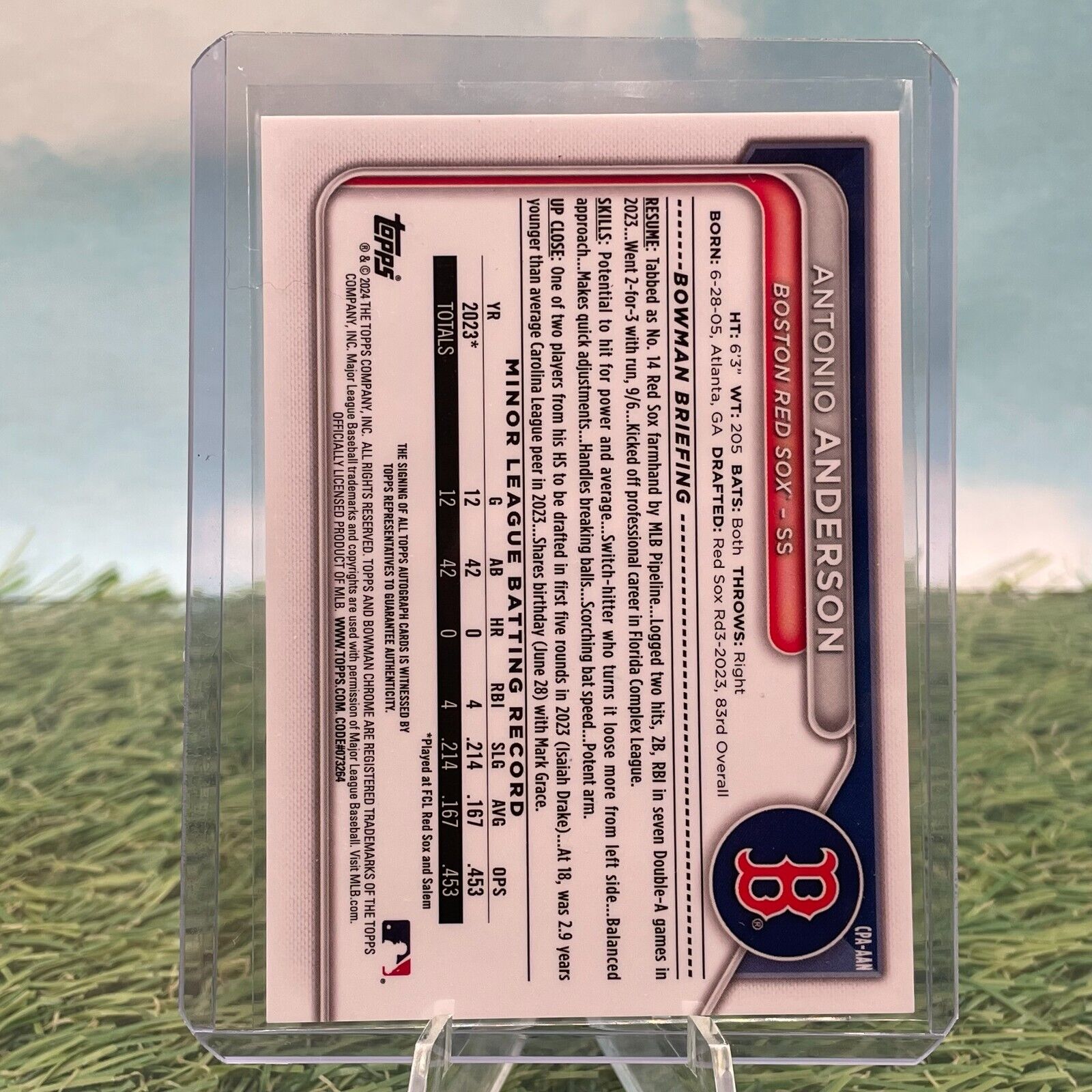 2024 Bowman Chrome Antonio Anderson autograph card in protective case for Red Sox fans