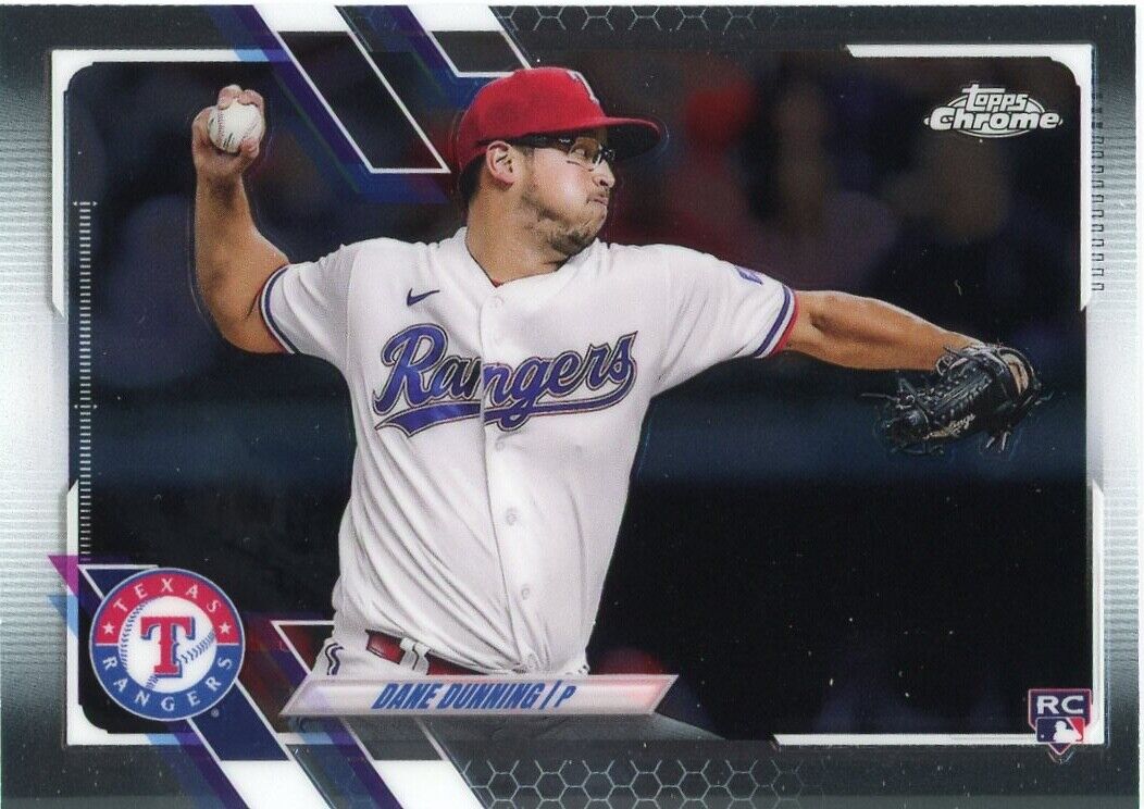 Dane Dunning Rookie baseball card featuring Texas Rangers pitcher in motion, Topps Chrome