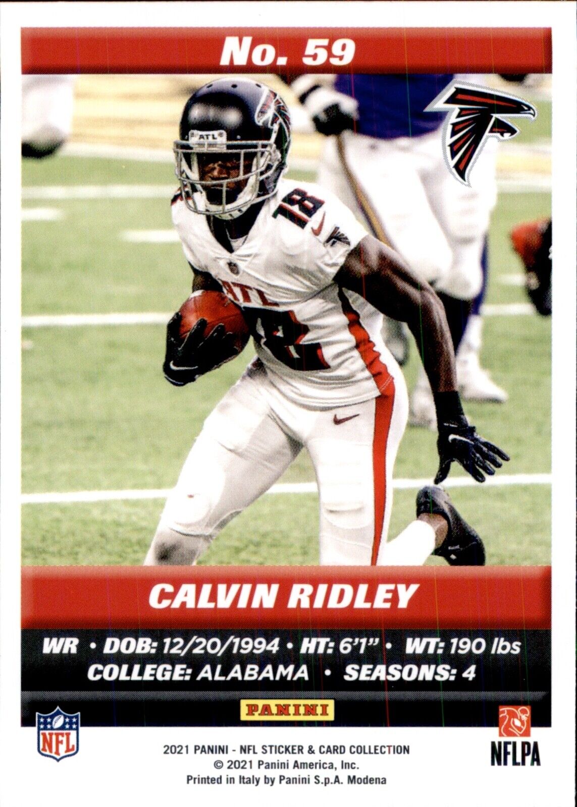 NFL trading card of Calvin Ridley in a white Atlanta Falcons uniform by Panini NFL