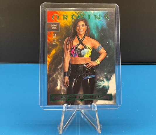 WWE 2023 Panini Chronicles Raquel Rodriguez Origins trading card in protective case