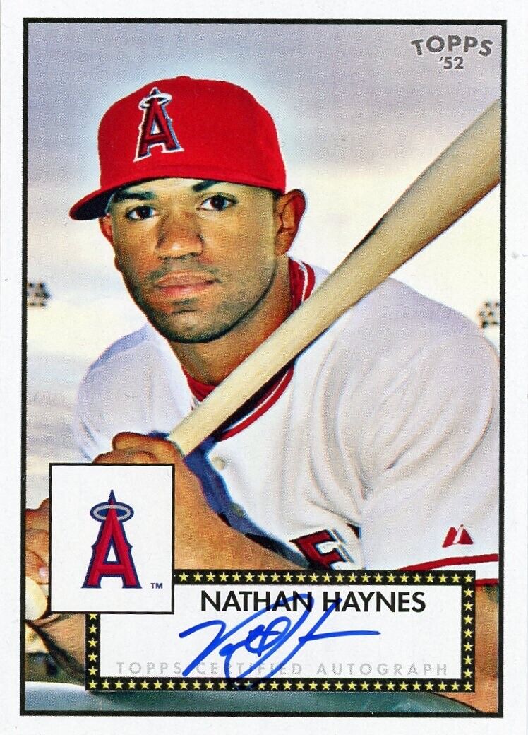 Nathan Haynes Autograph trading card for Los Angeles Angels with player holding bat