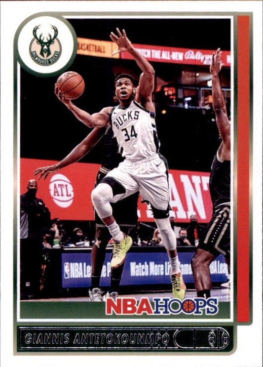 Basketball trading card of Giannis Antetokounmpo making a layup for Milwaukee Bucks