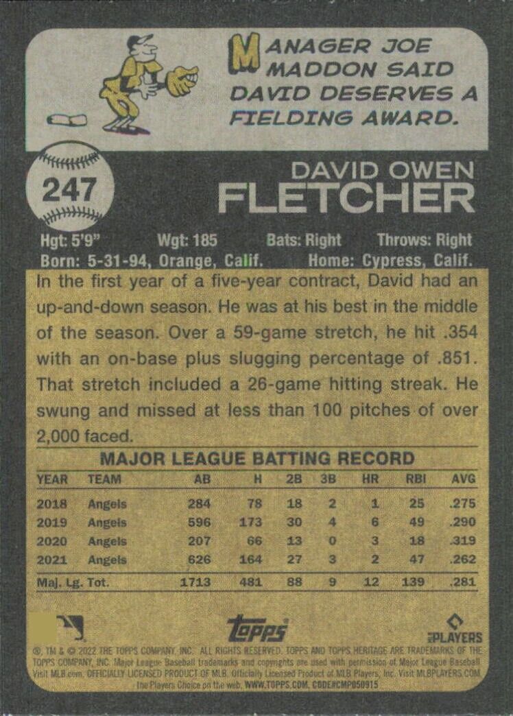 Topps Heritage David Fletcher baseball card displaying career statistics and info